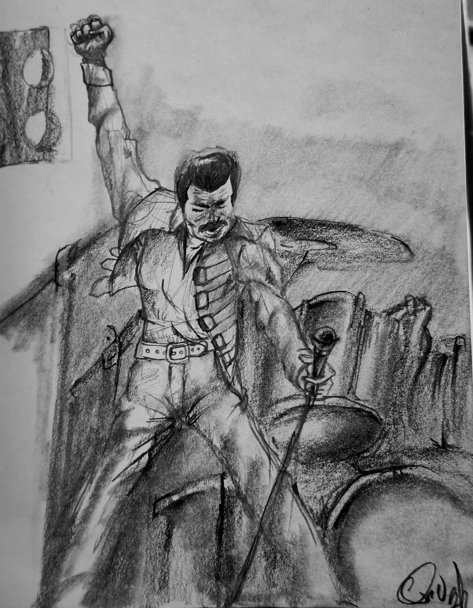 A pencil sketch of a man with short dark hair, wearing a jacket and shirt, sitting at a table, holding a pen, and looking down. The background has some abstract shading and a textured pattern.