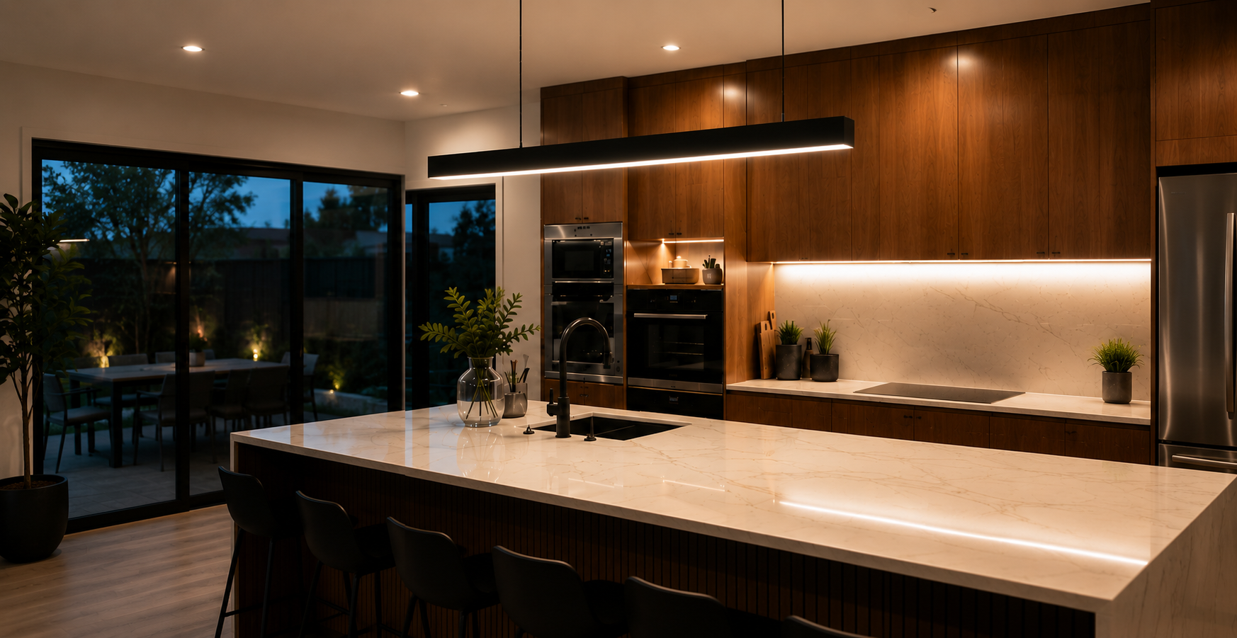 Modern kitchen with white marble island, wooden cabinets, built-in oven and microwave, potted plants, and a view of the outdoor dining area through sliding glass doors.