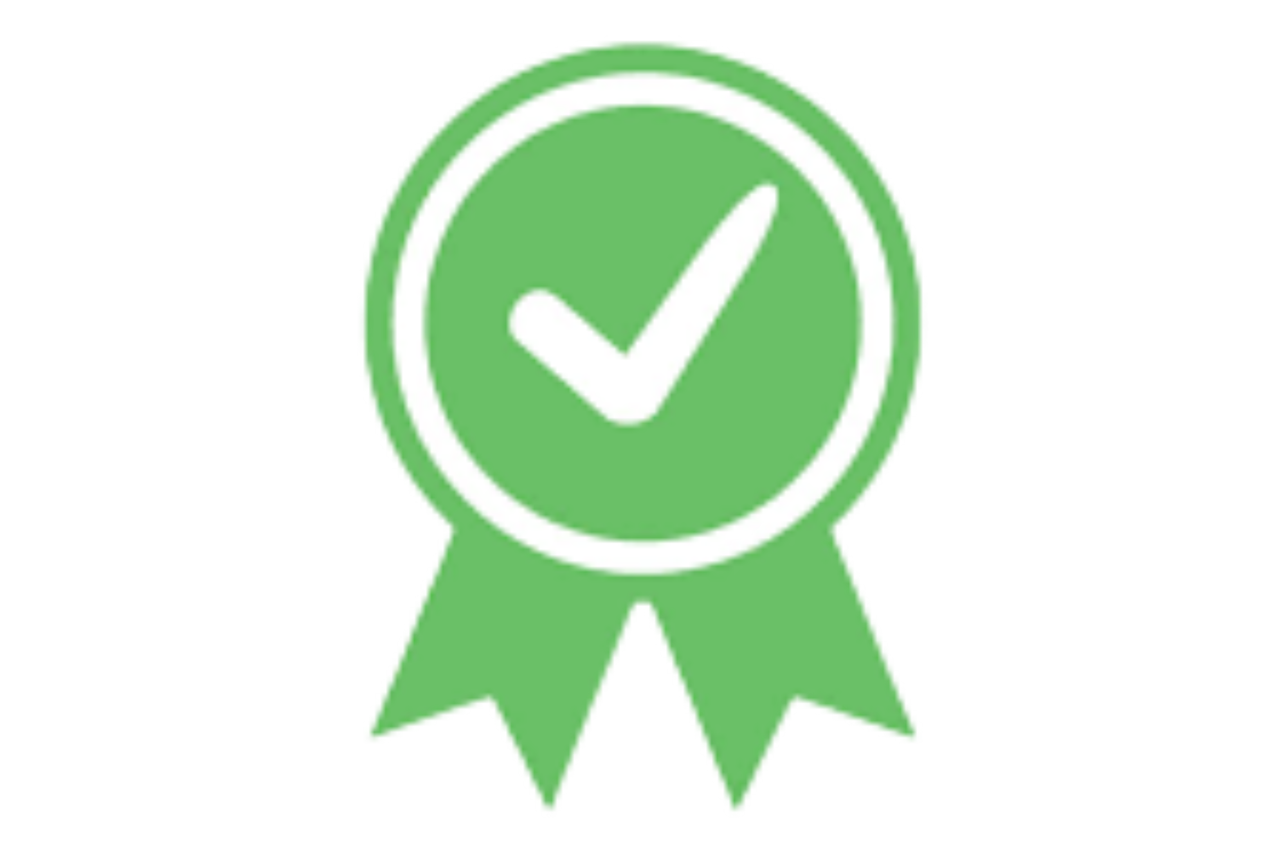 A green ribbon with a white circle and a green check mark in the center.