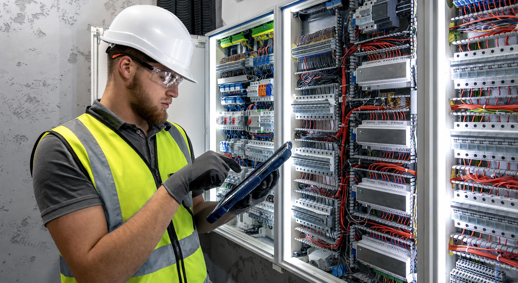 An electrician wearing a white hard hat, safety glasses, a yellow safety vest, and black gloves is inspecting electrical control panels with his tablet.