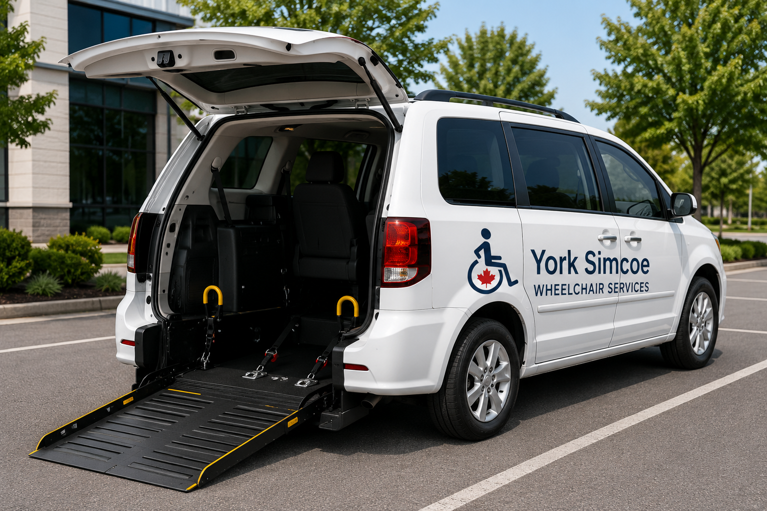 White York Simcoe Wheelchair Service rear-loading accessible van with the ramp deployed and wheelchair securement area visible.