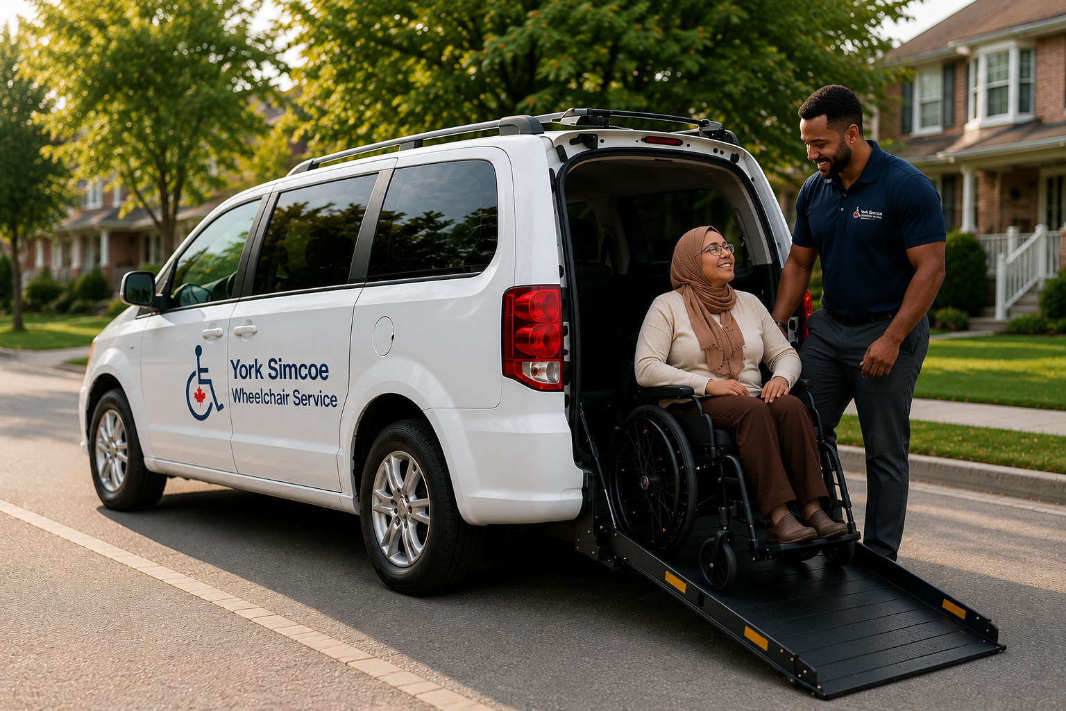 York Simcoe Wheelchair Service driver assisting a wheelchair passenger beside a branded white rear-loading accessible van in an Ontario neighbourhood.