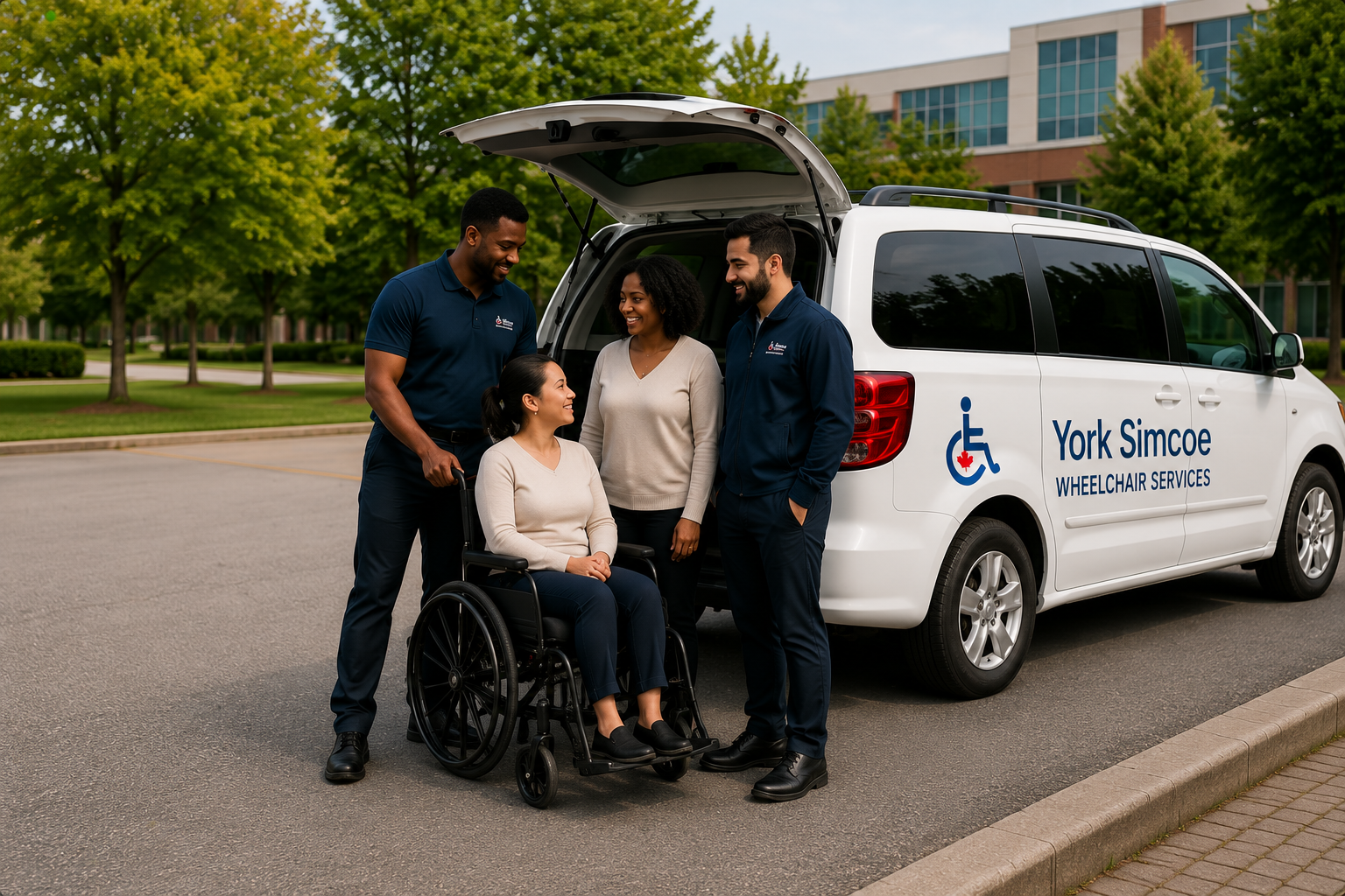 York Simcoe Wheelchair Service team supporting a wheelchair passenger beside a branded accessible van.