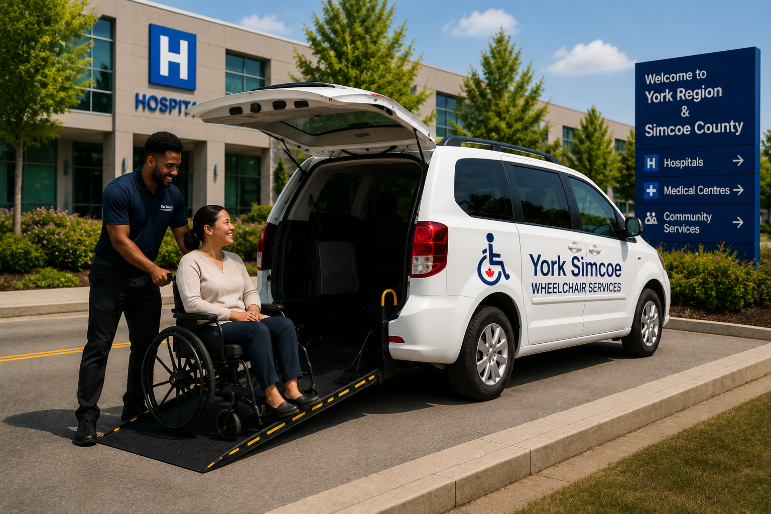 York Simcoe Wheelchair Service driver assisting a wheelchair passenger beside a branded white rear-loading accessible van outside a hospital in the York Region and Simcoe County service area.