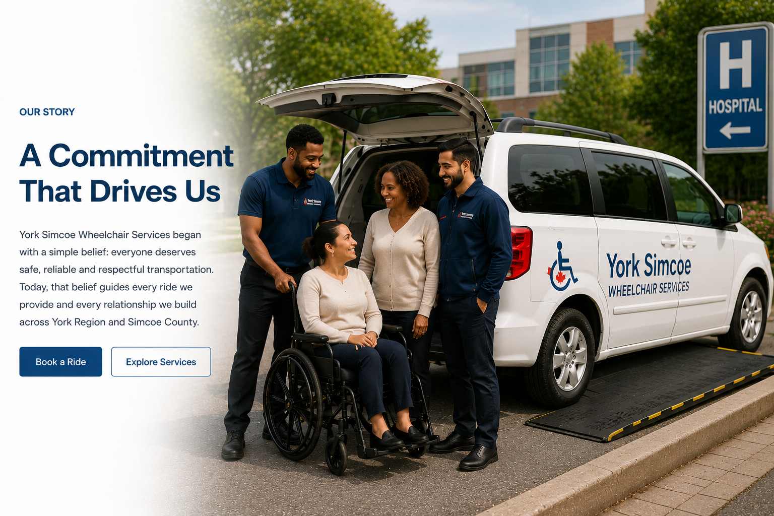 A diverse York Simcoe Wheelchair Service team standing beside a branded white rear-loading accessible Dodge Grand Caravan.