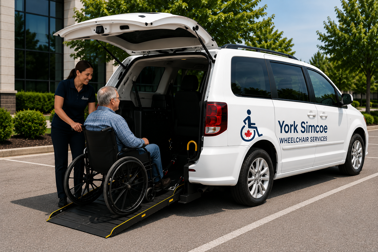 Professional driver assisting an older wheelchair passenger into a white rear-loading York Simcoe Wheelchair Service van.
