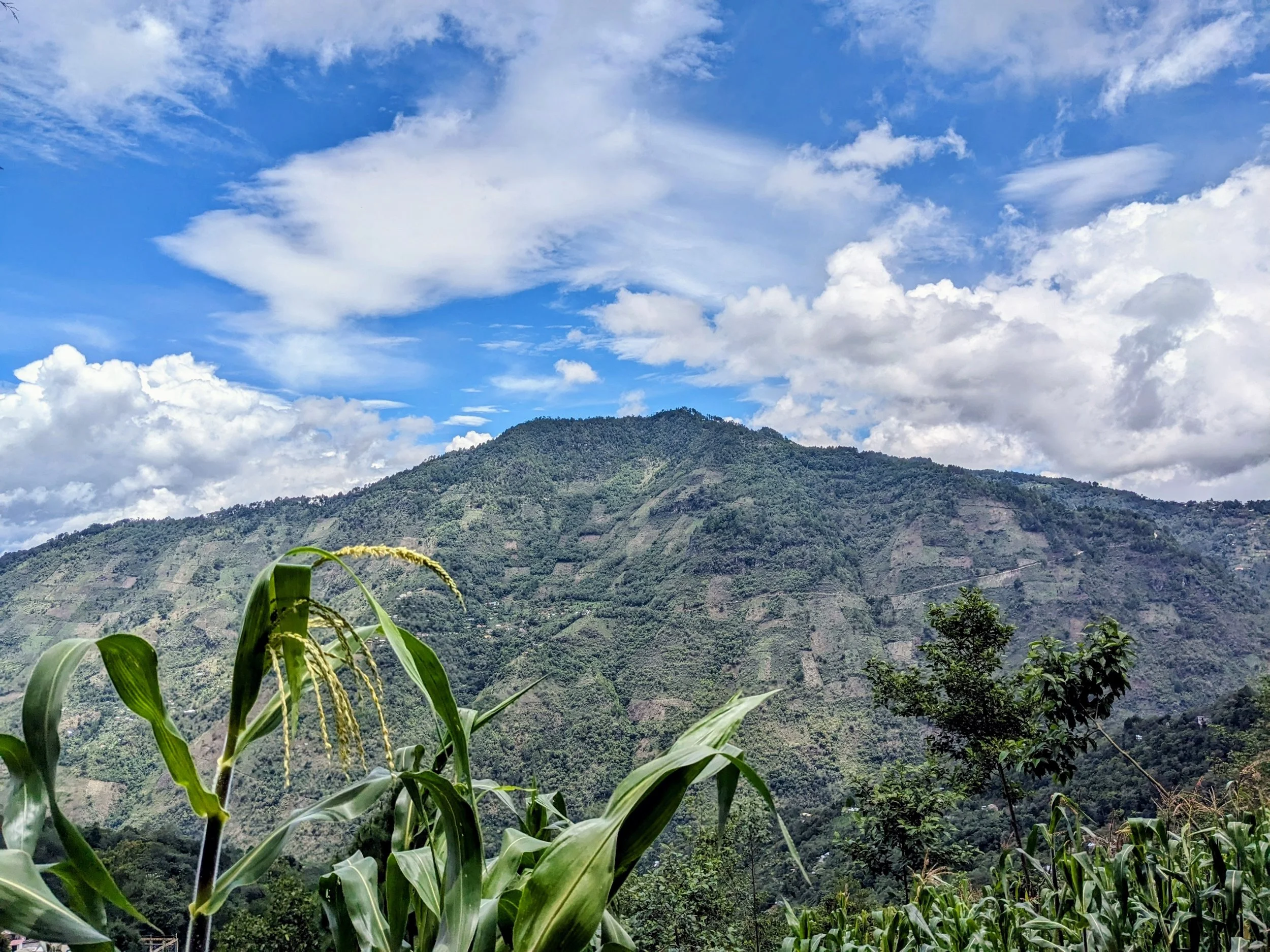 A mountain landscape with a cloudy sky, lush green foliage, and cultivated land on the hillside.