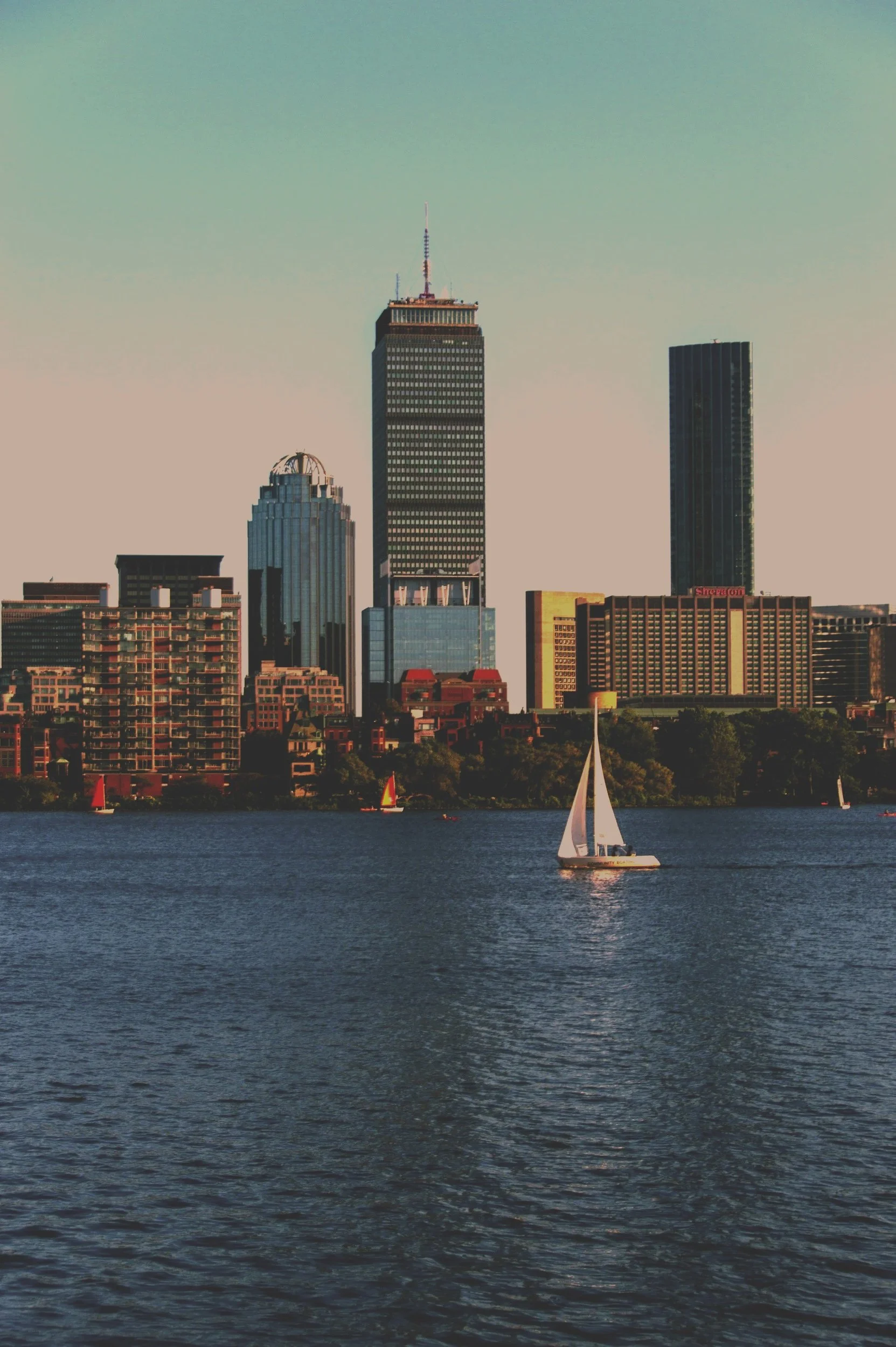 City skyline with high-rise buildings seen across a body of water, sailboats on the water, and a clear sky.