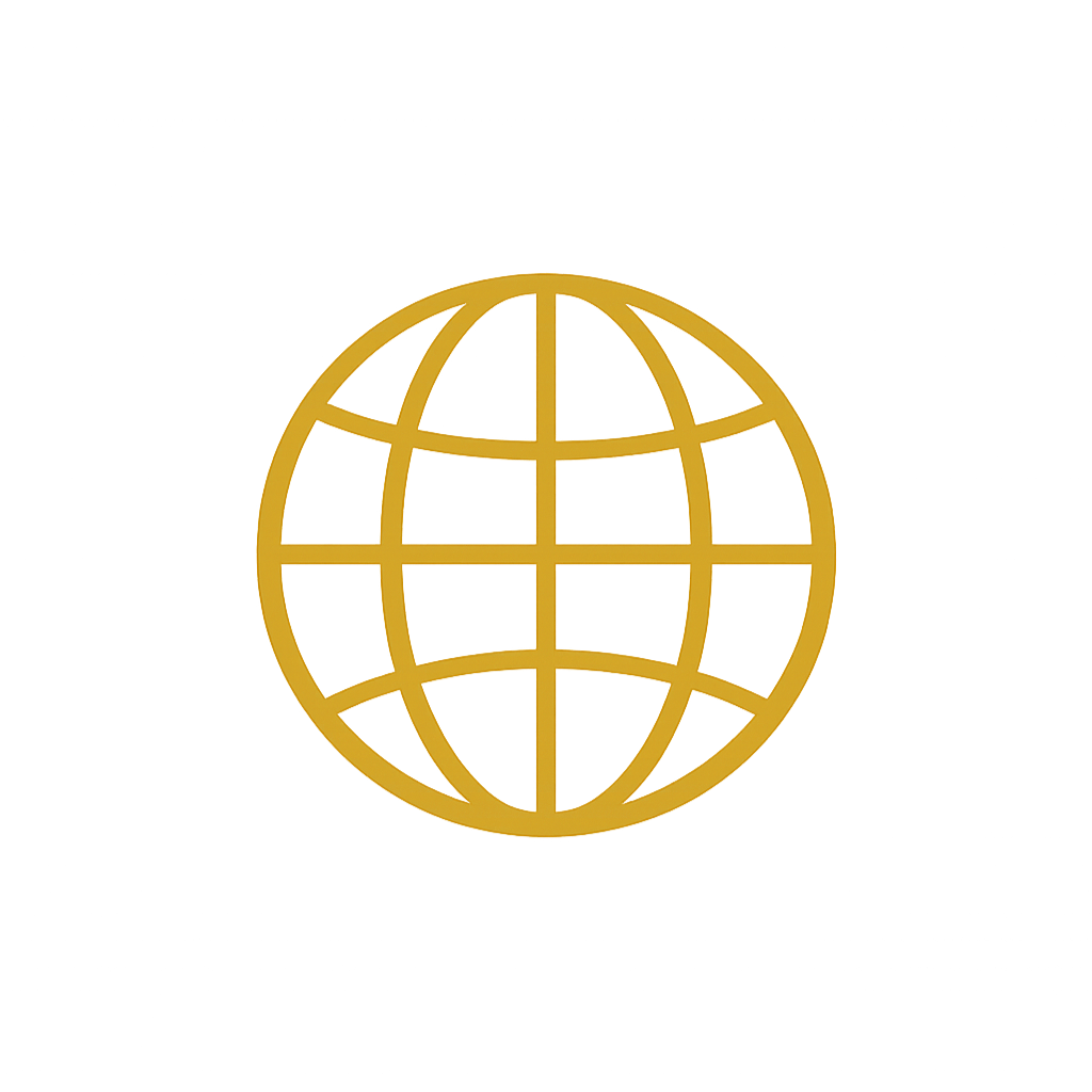 Gold globe icon on a black background, representing worldwide communication or connectivity.