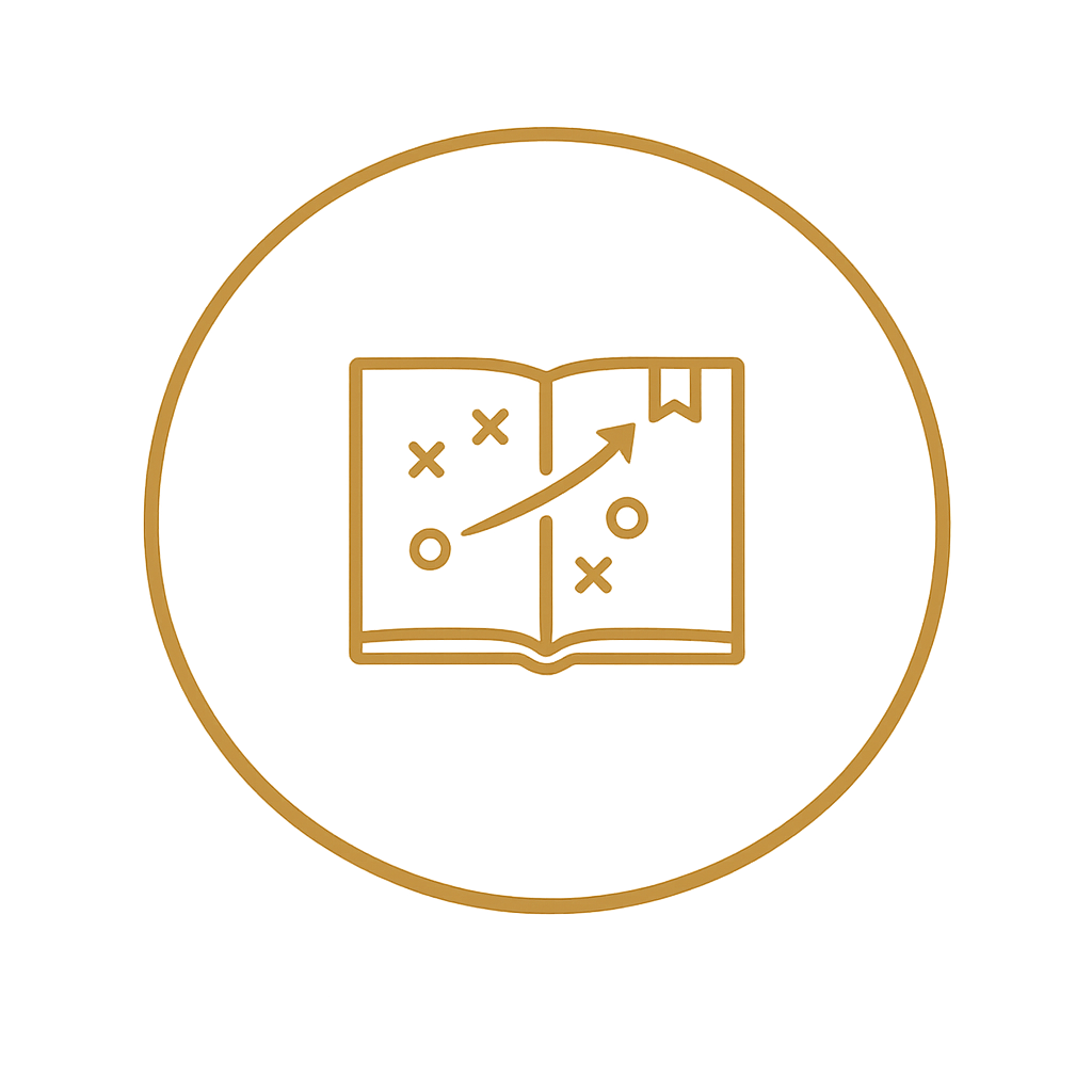 A gold strategic planning book icon in the center of a gold circle.