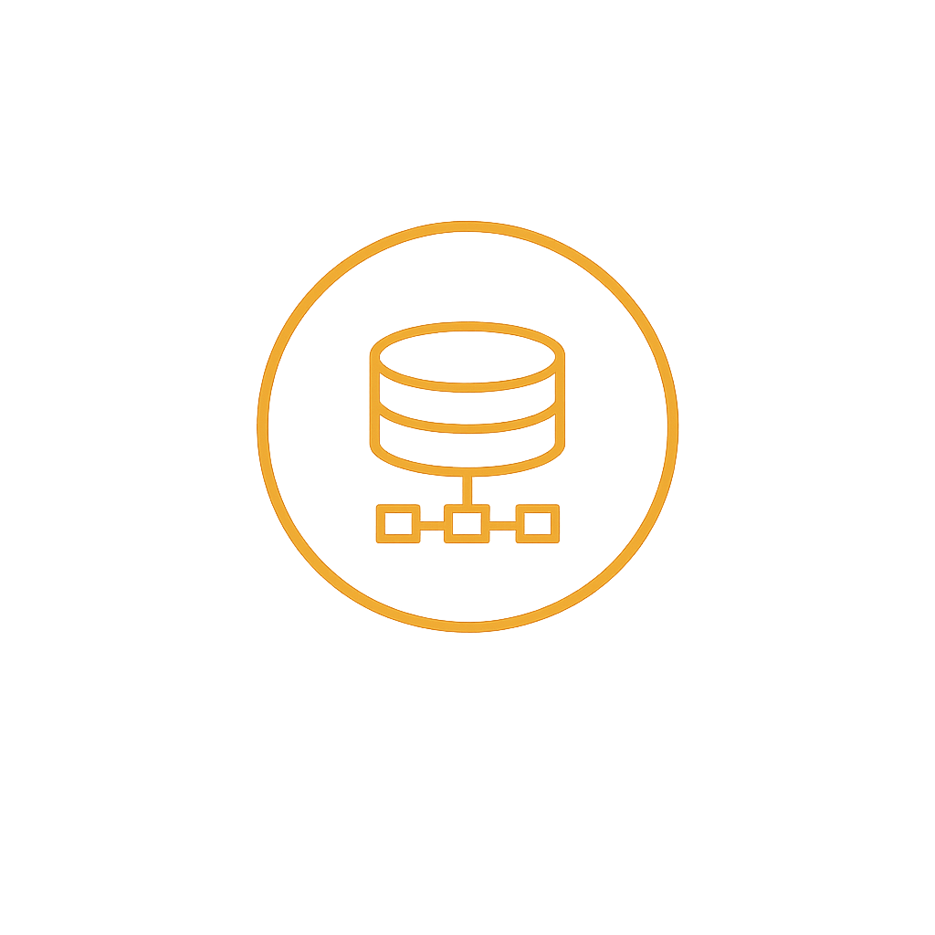 Icon of a database connected to a network or flowchart, representing data management or information technology.