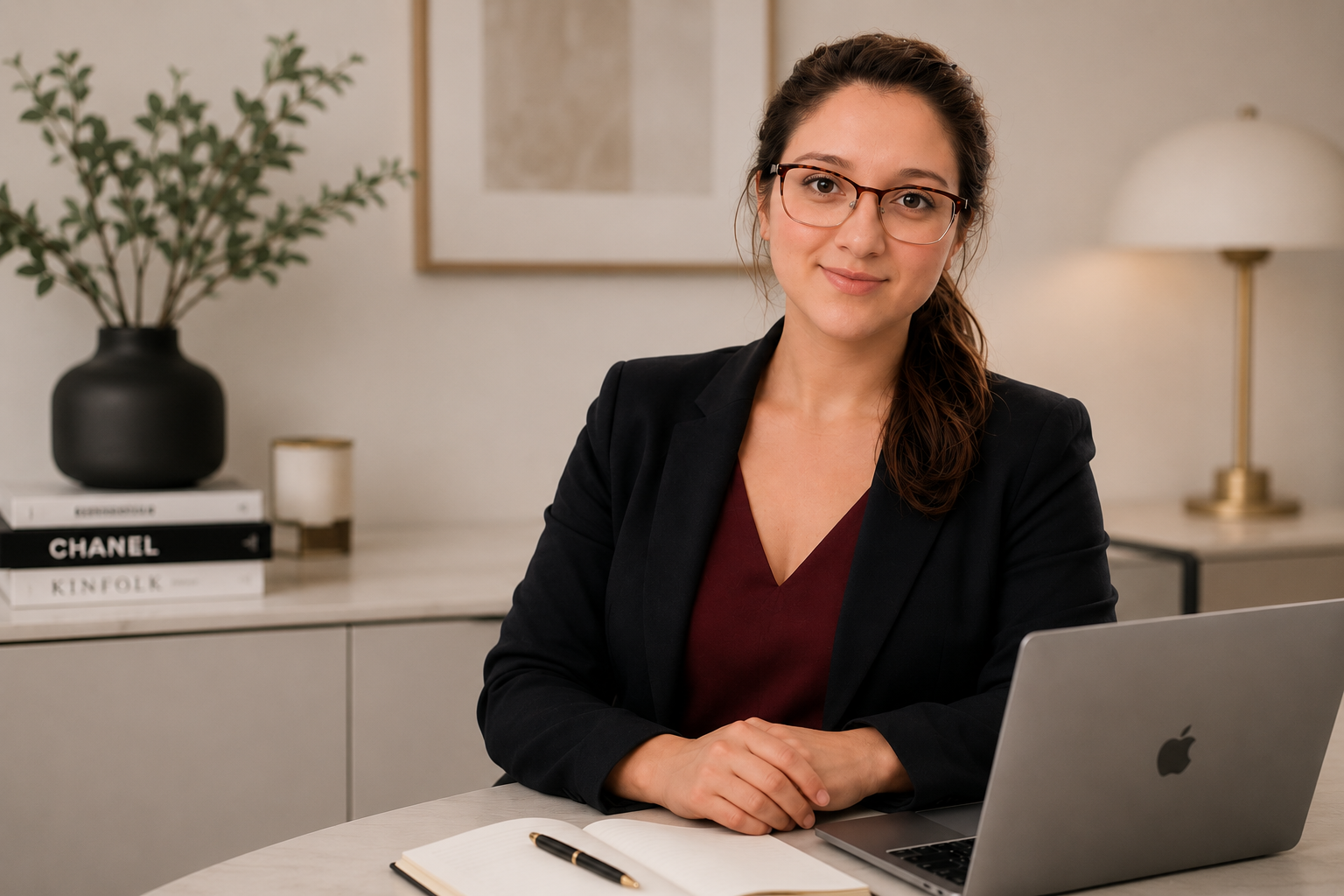 A woman with glasses, wearing a black blazer and red top, sitting at a desk with a laptop, notebook, and pen, in a modern office setting.