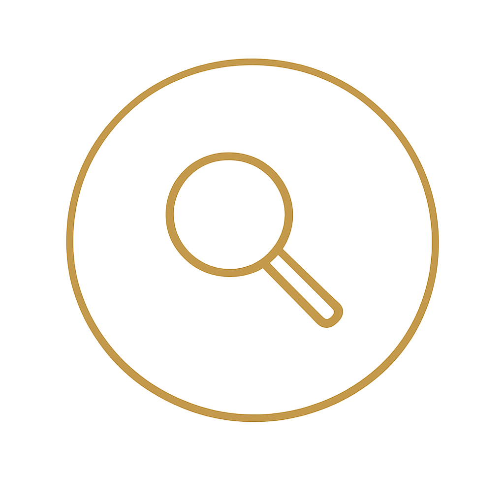 A gold magnifying glass icon in the center of a gold circle.