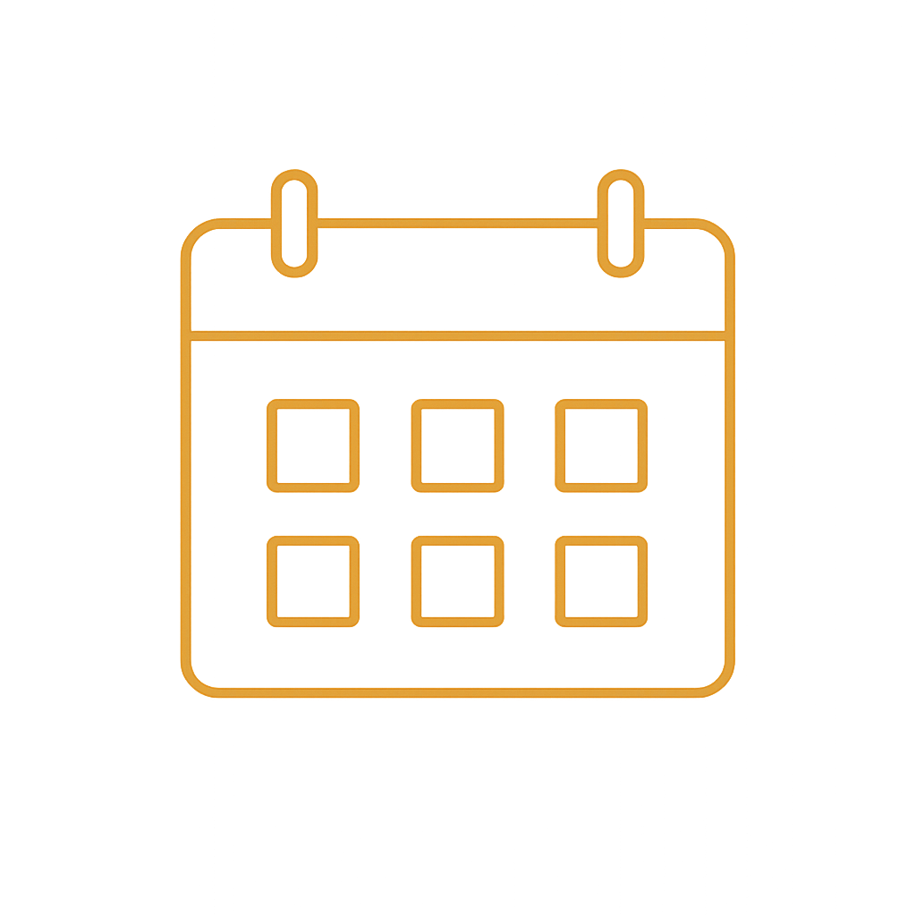 Gold calendar icon with six squares to represent dates.