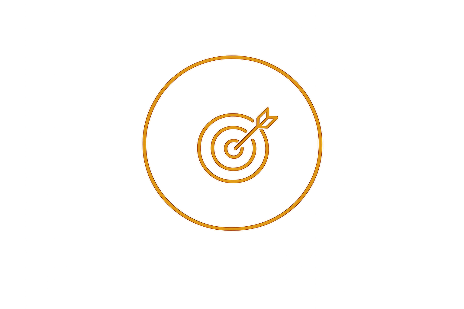 Gold outline of a target with an arrow hitting the bullseye, centered inside two concentric circles, on a black background.
