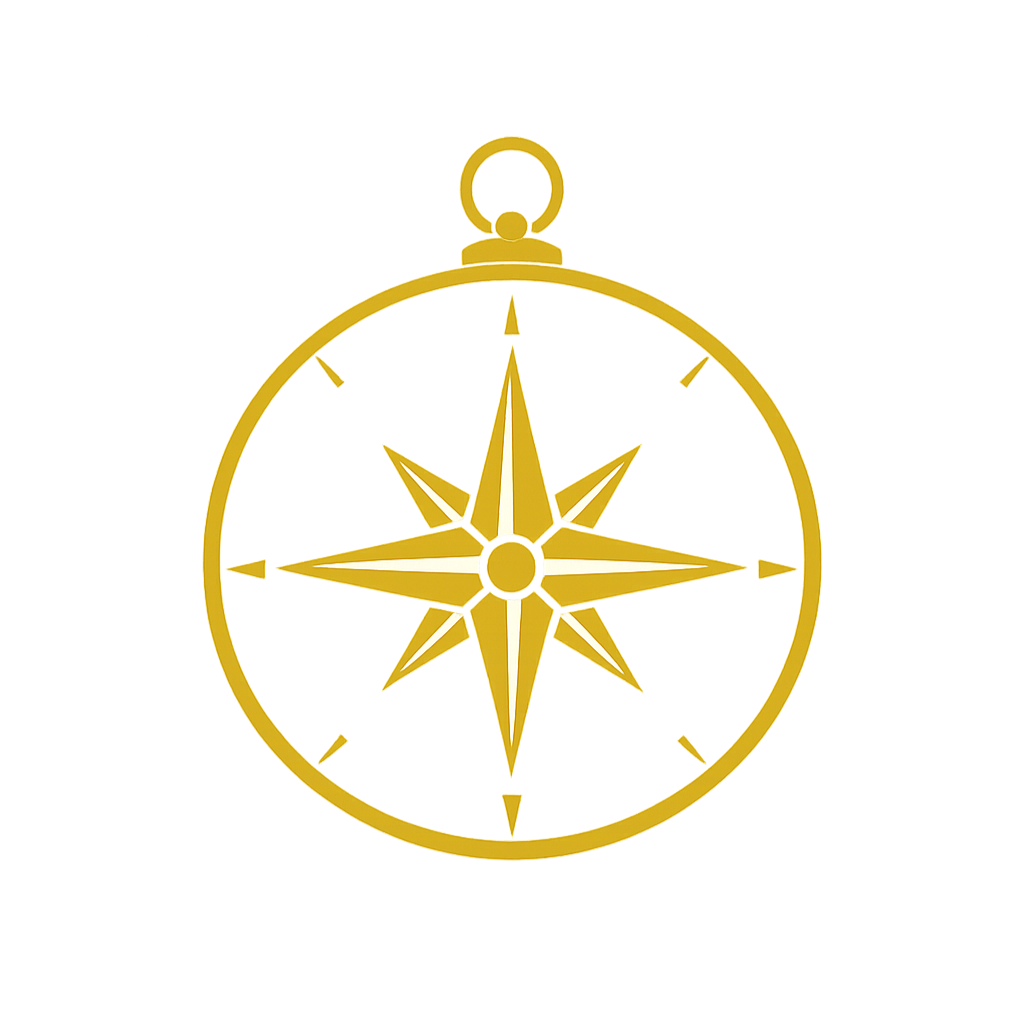 Golden compass icon on a black background.