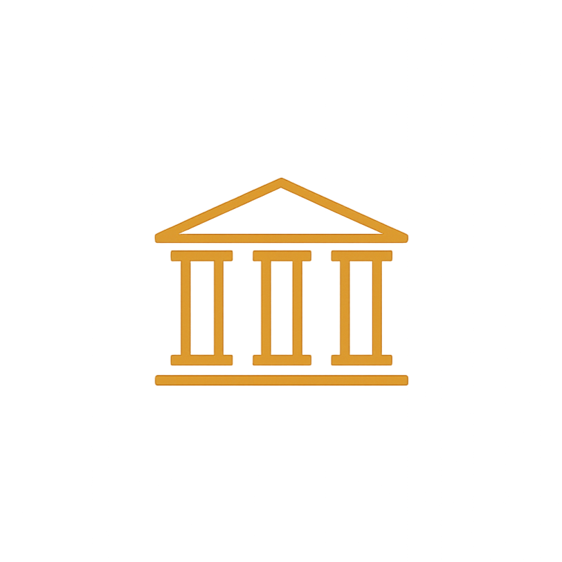A gold classical building with columns, resembling a bank or financial institution.