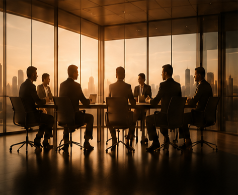 Silhouetted business professionals sitting around a conference table in a high-rise office with floor-to-ceiling windows and a city skyline during sunset.