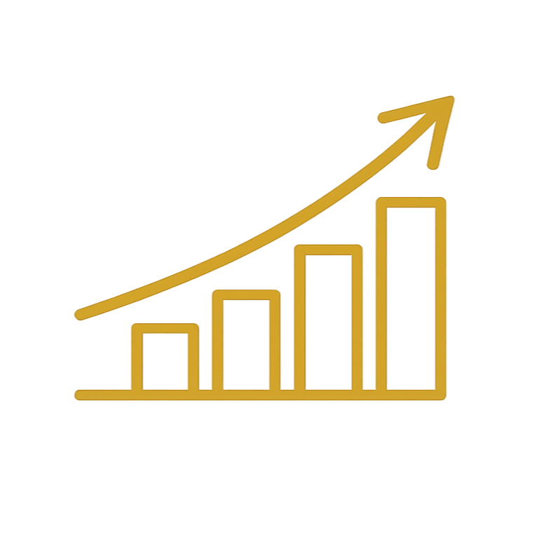 A bar graph with four ascending bars and a gold upward arrow indicating growth or increase.