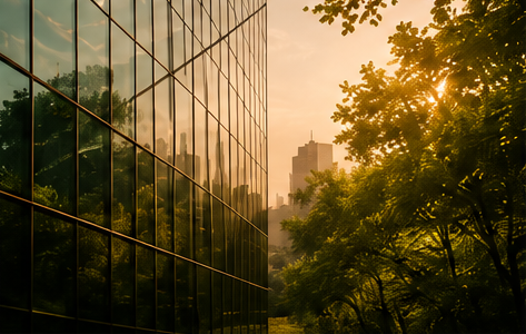 City skyline with tall glass building reflecting trees and a sunset sky.