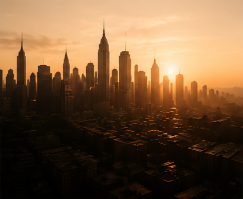 Sunset over the New York City skyline with silhouetted skyscrapers.