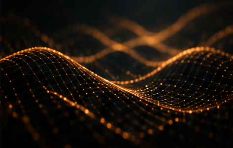 Digital abstract background with glowing orange grid lines forming a flowing wave pattern.