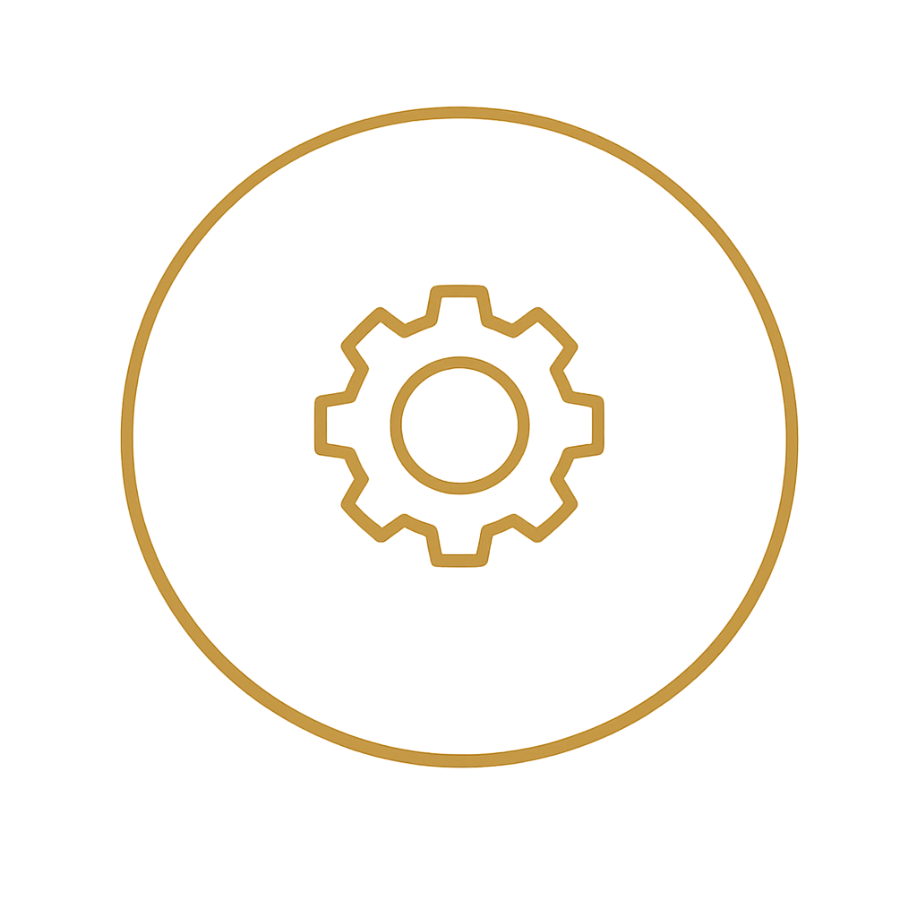 Golden gear icon inside a larger circle with a black background.