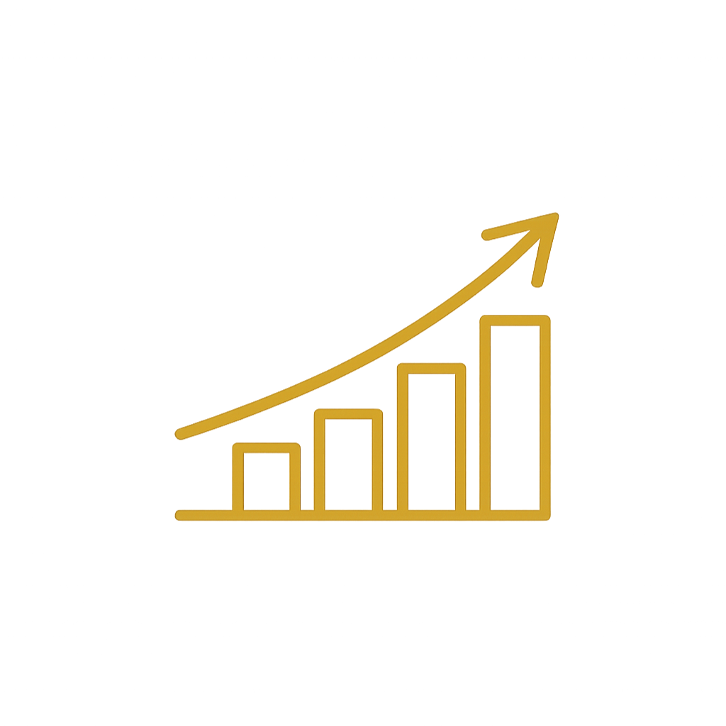 Gold bar chart with increasing bars and upward trending arrow.