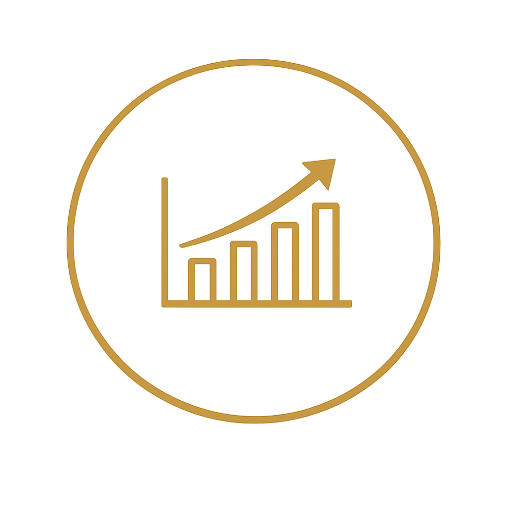 Gold-colored circular icon with a bar chart and upward arrow signifying growth or success.