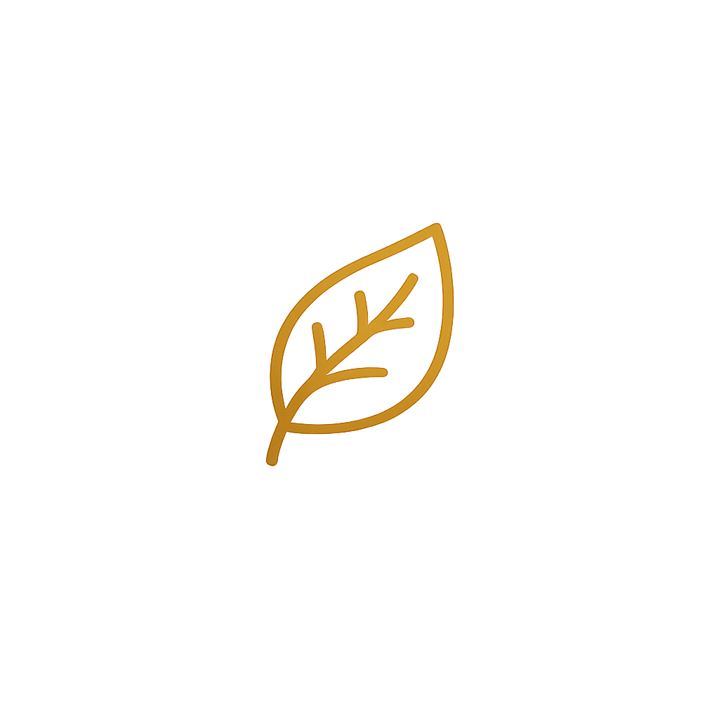 Minimalist gold outline of a leaf on a black background.