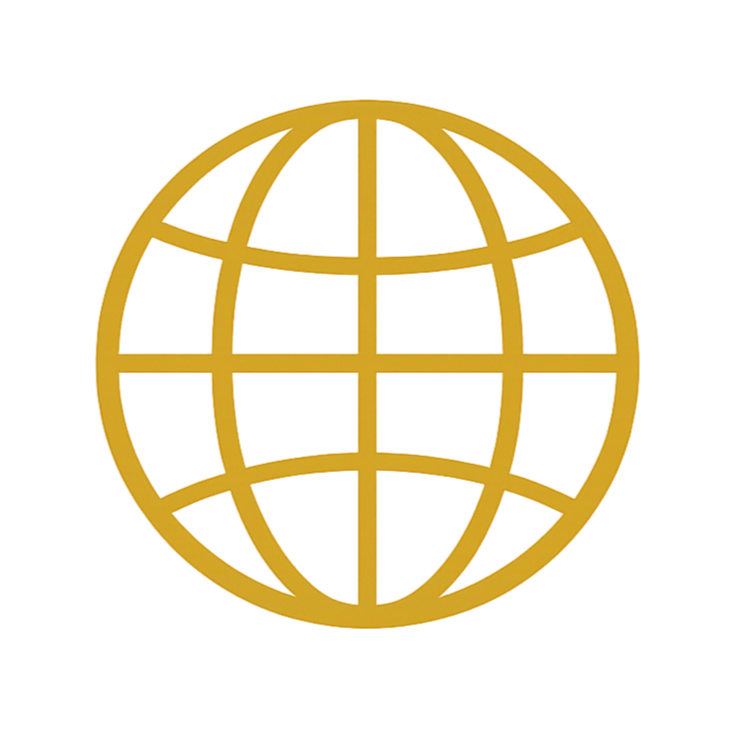 Gold globe with latitude and longitude lines.