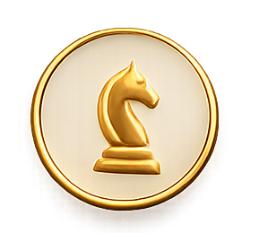 Gold chess knight piece inside a circular frame.