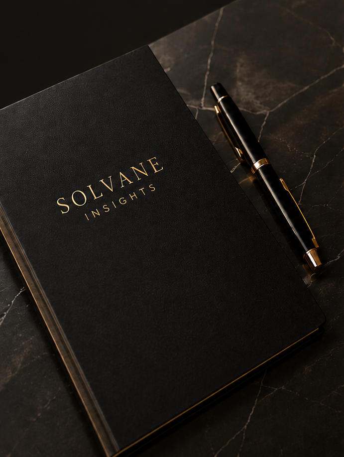 A black notebook titled 'SOLVANE INSIGHTS' in gold lettering, with a black and gold pen lying next to it on a dark marble surface.
