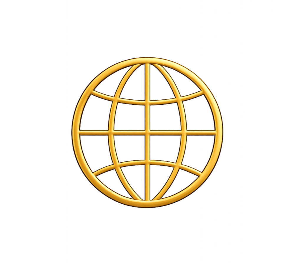 Gold globe with latitude and longitude lines.