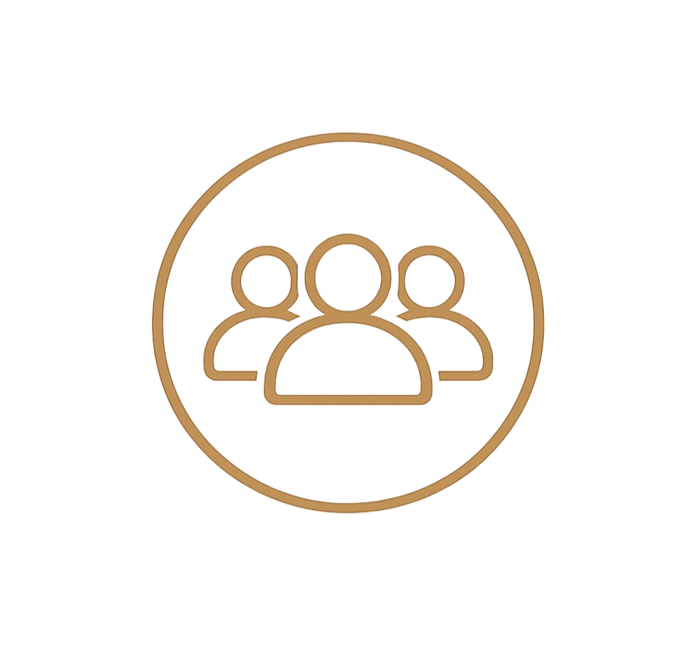 Icon of three people within a circle, representing a group or community.