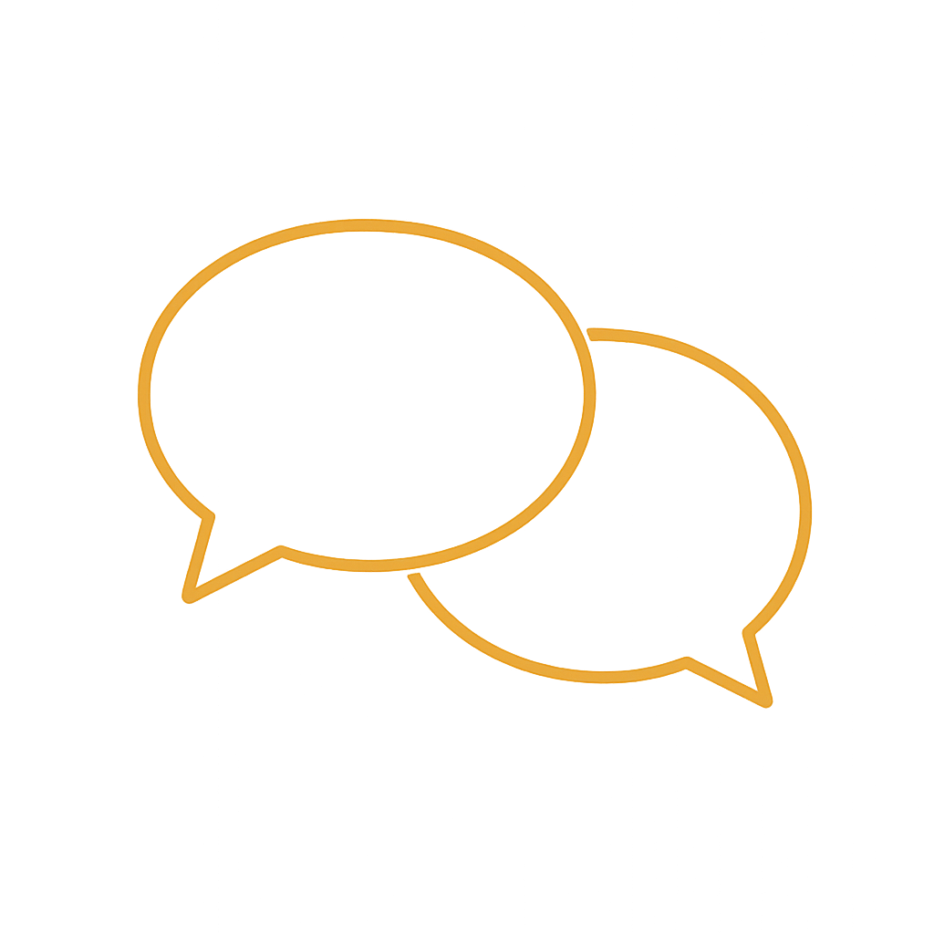 Two overlapping speech bubbles in gold outline.