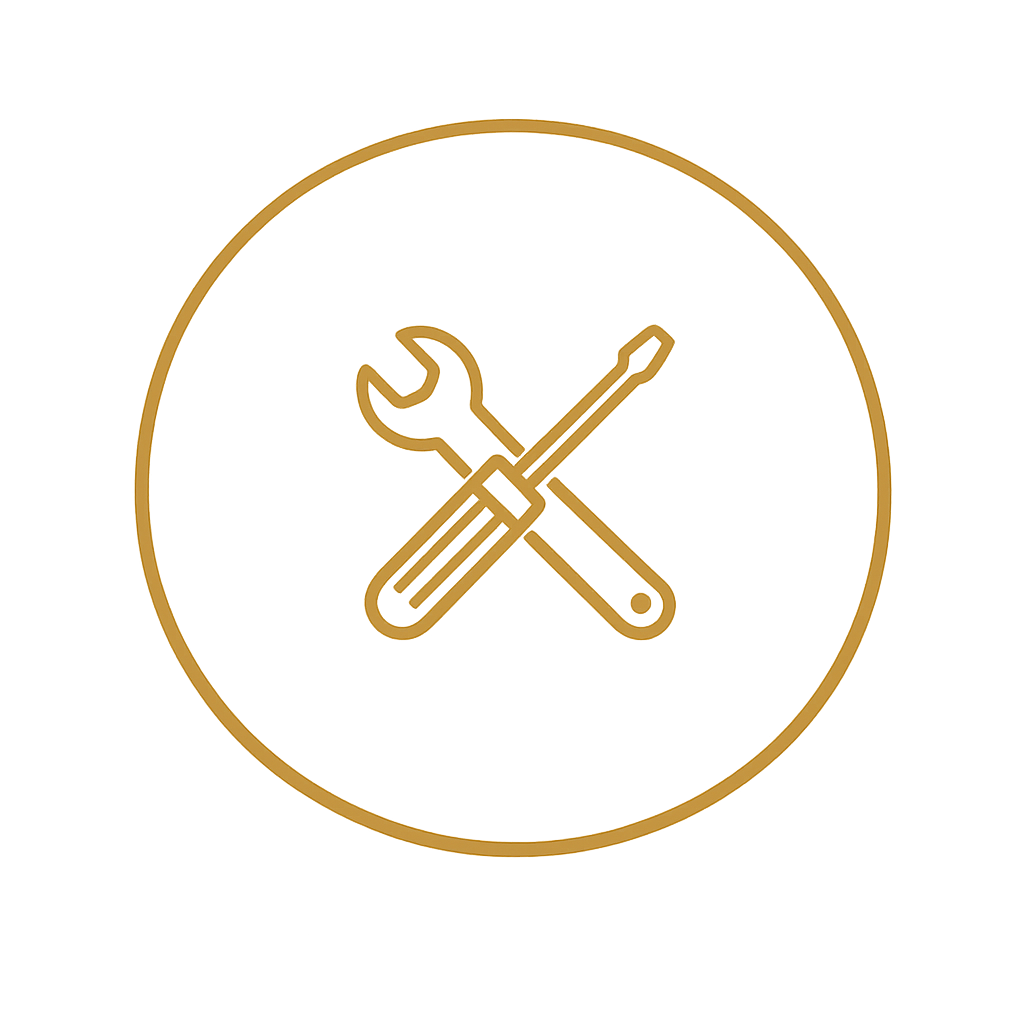 Gold icon of a wrench and a screwdriver crossed inside a circle, representing tools or repair.