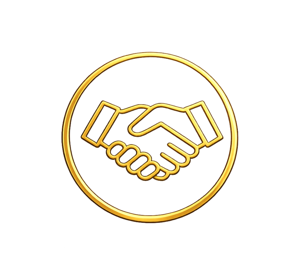 Gold sign depicting shaking hands inside a circular border.