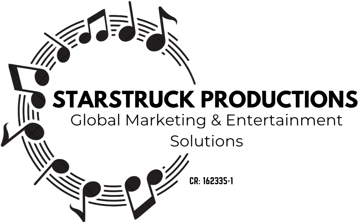 Logo for Starstruck Productions featuring musical notes in a circular pattern surrounding the text, which reads 'Starstruck Productions, Global Marketing & Entertainment Solutions, CR. 162335-1'.