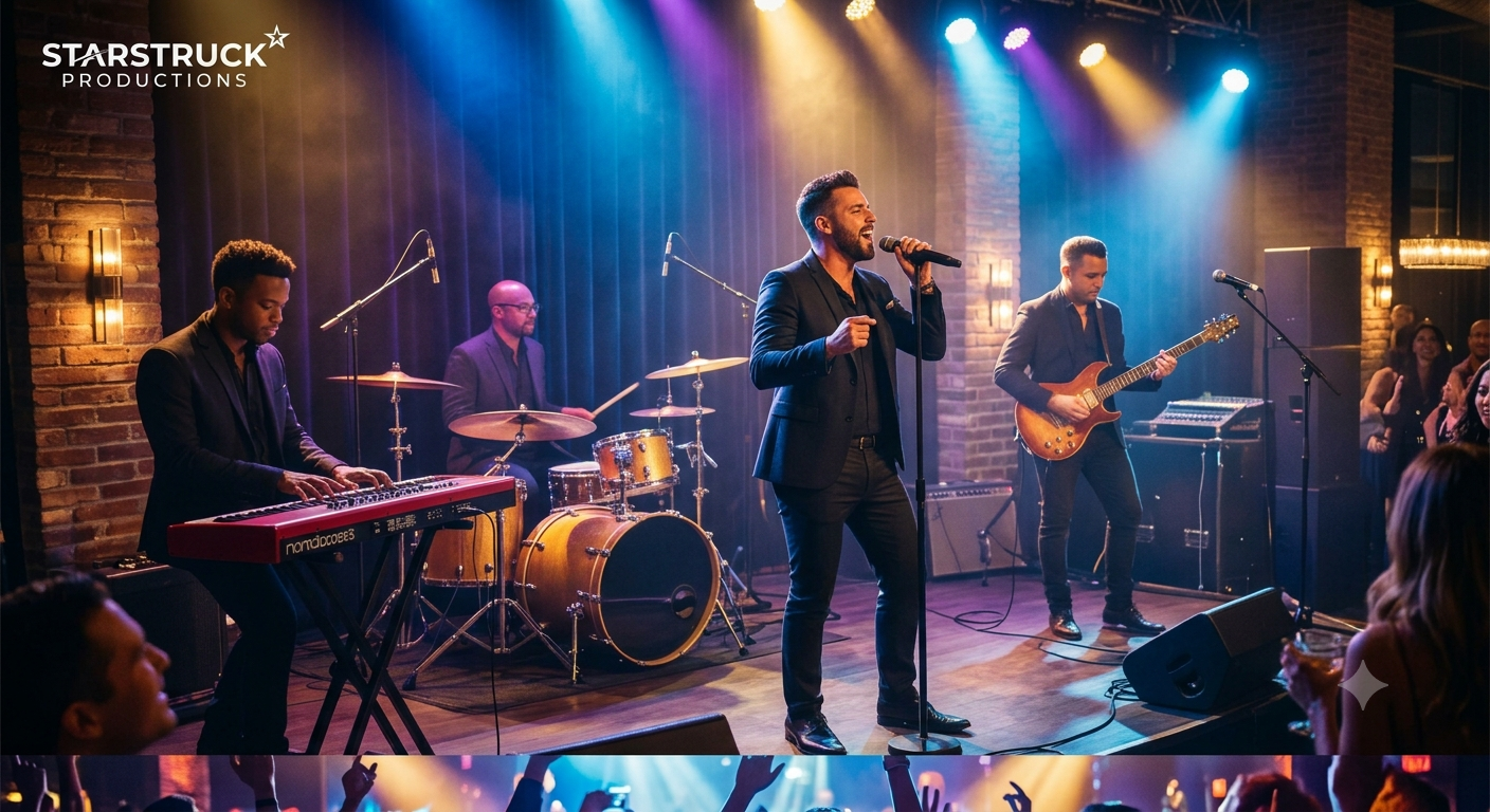 A band performing live on stage at a music venue, including a keyboard player, drummer, vocalist, and guitarist, with a lively audience in the background.