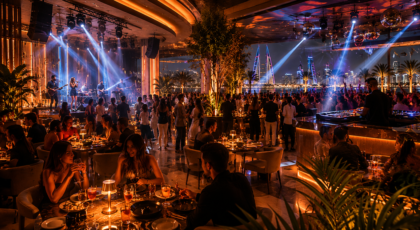 Luxury Bahrain nightlife with live band, DJ, premium restaurant & bar, vibrant crowd, elegant lights, and upscale entertainment ambiance in Manama.