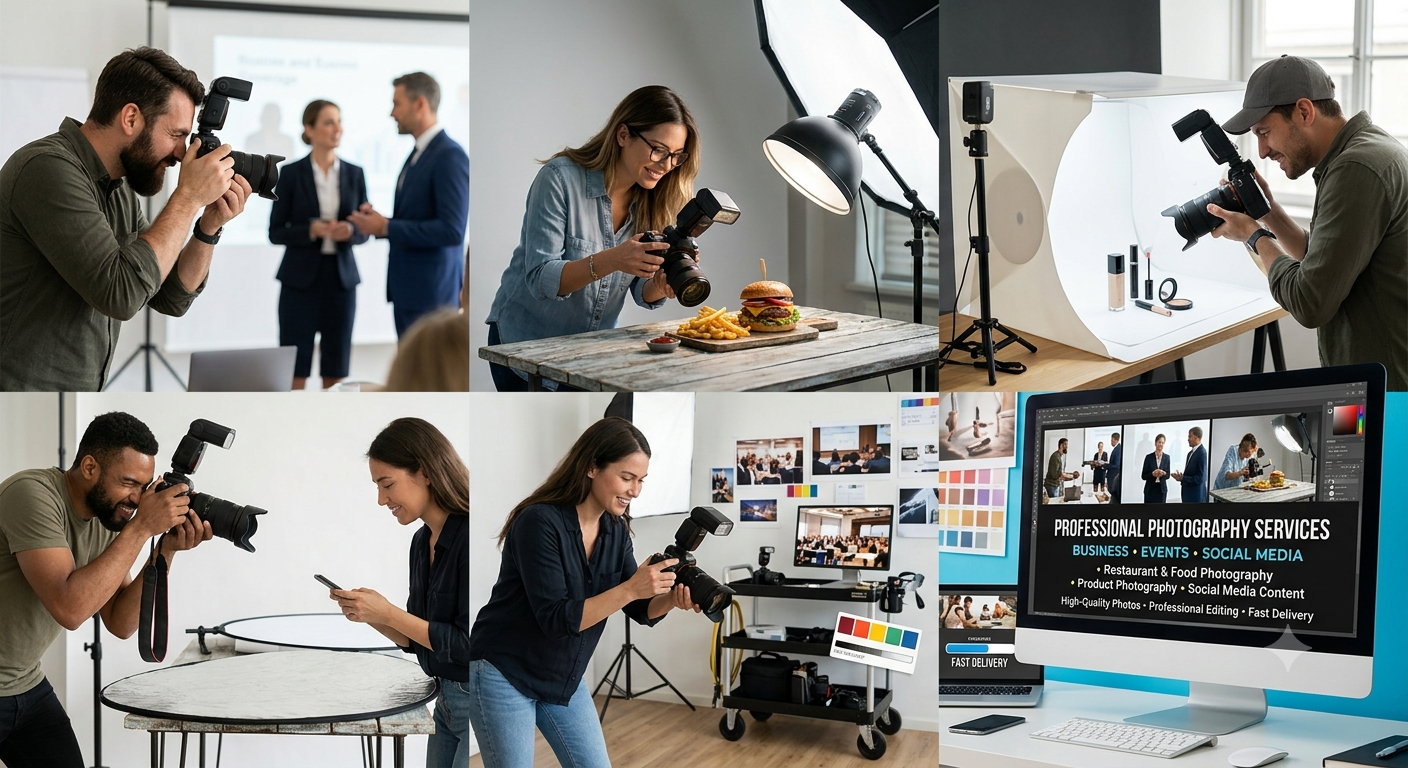 A collage of six images of photographers and models in different studio settings, with one image showing a computer monitor with photography services advertisement.
