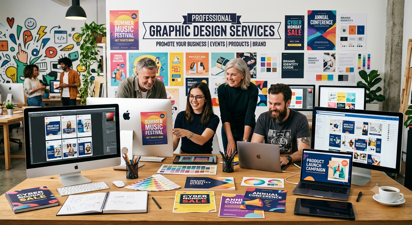 A diverse group of five people working and collaborating in a modern graphic design office, with computers, printed designs, color palettes, and motivational posters on the wall.