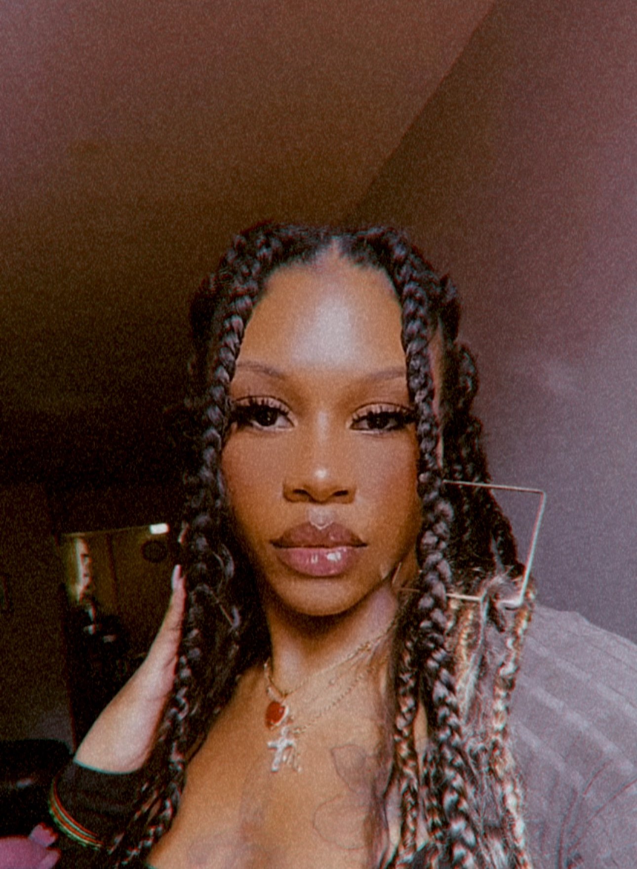 A woman with long textured braids, wearing makeup with defined eye makeup and glossy lips, accessorized with layered necklaces, standing in a room with a brown ceiling and wall.