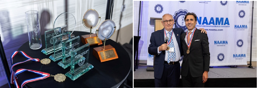 Award trophies and medals on display table, and two men in suits wearing medals at an award ceremony with a NAAMA banner in the background.