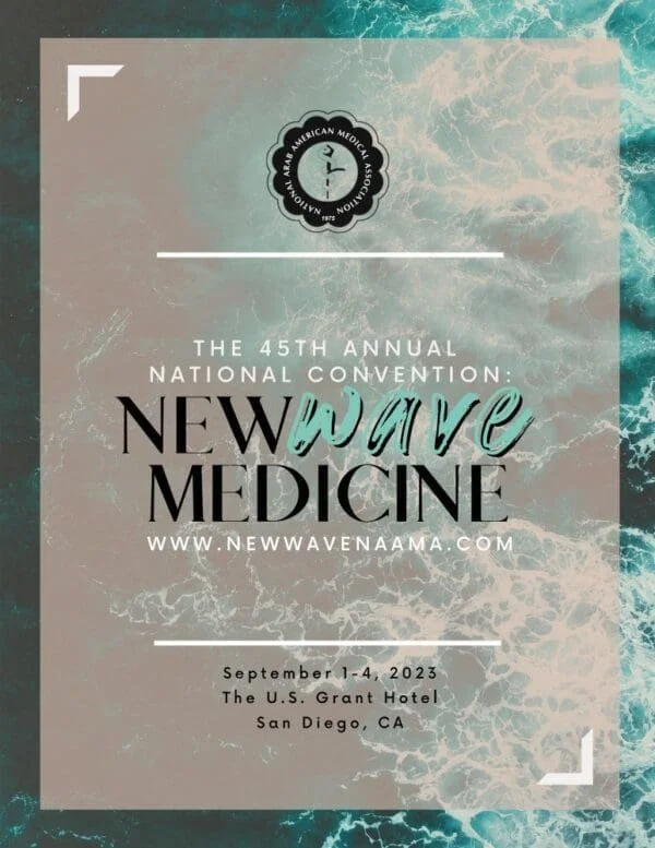 Event flyer for the 45th Annual New Wave Medicine National Convention, held from September 1-4, 2023, at The U.S. Grant Hotel in San Diego, CA, organized by the American Medical Association.