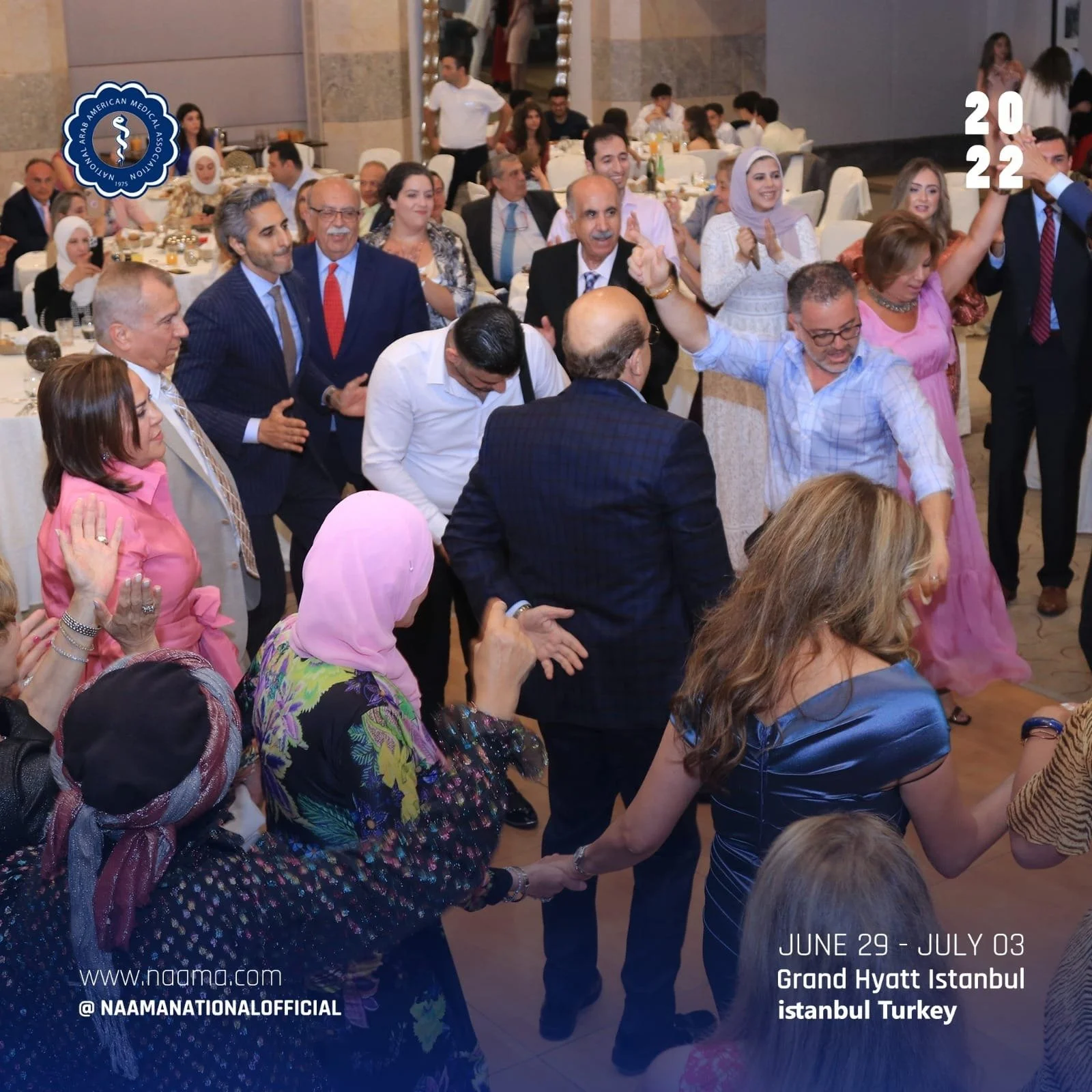 People dancing and socializing at a formal event held at the Grand Hyatt Istanbul in Turkey, from June 29 to July 3, 2022, organized by the Middle East Arab American Medical Association, with the organization's logo visible in the upper left corner.
