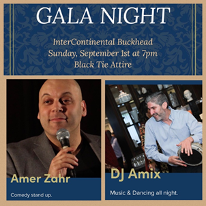 Event poster for Gala Night featuring Americans Zahr and DJ Amix, with comedy and music performances, scheduled for Sunday, September 1st at 7pm, in black tie attire.