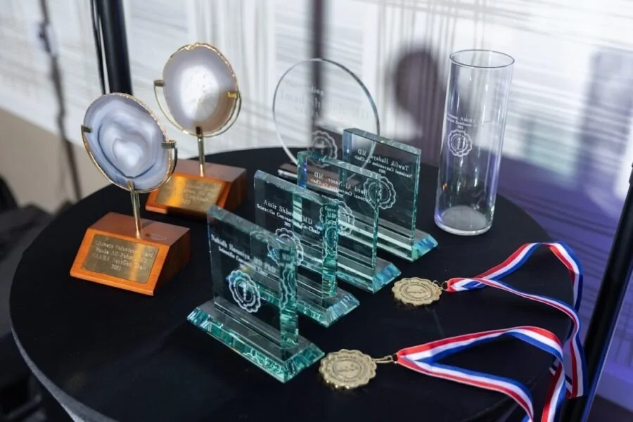 Awards and medals displayed on a black table including two geode-like shell awards on wooden bases, several glass plaques, and gold medals with red, white, and blue ribbons.