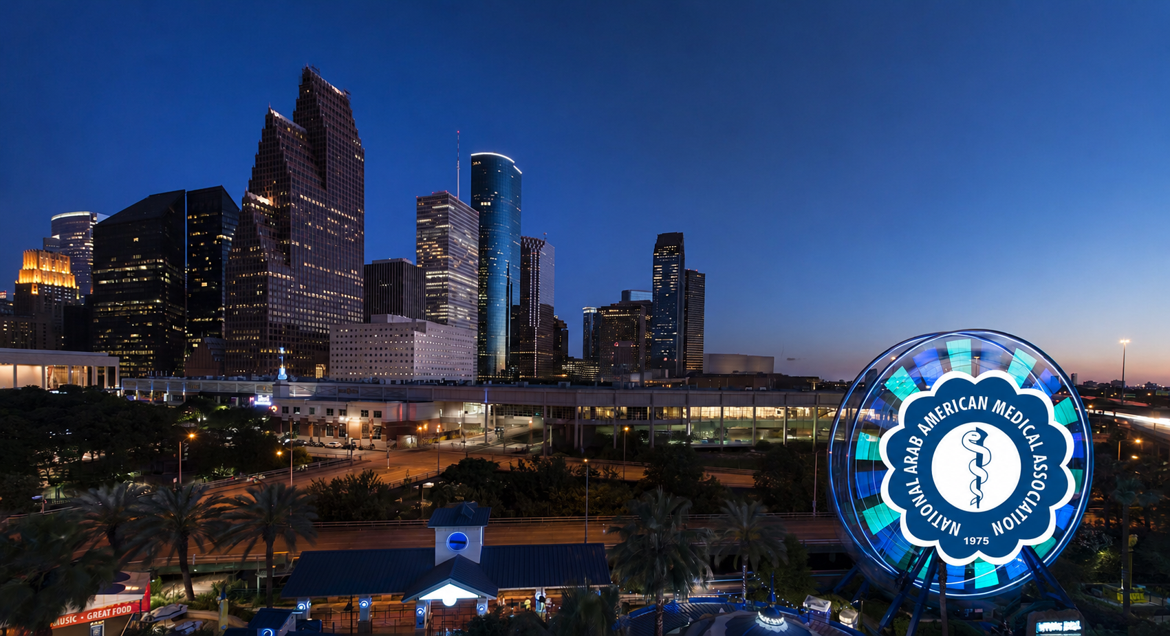 Night view of a city skyline with tall modern skyscrapers and a Ferris wheel with the logo of the National Arab American Medical Association.